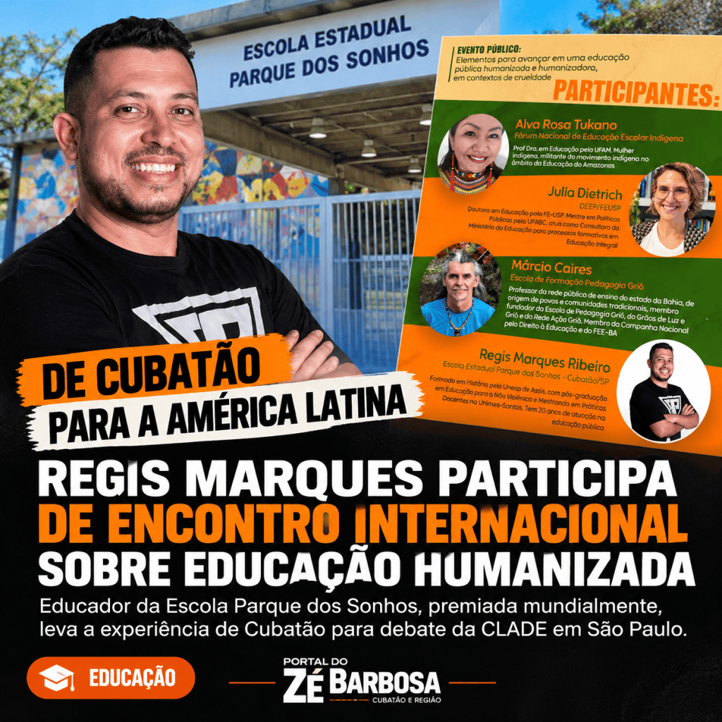 Arte editorial sobre participação do educador Regis Marques Ribeiro em encontro latino-americano, com referência à Escola Parque dos Sonhos, Cubatão.