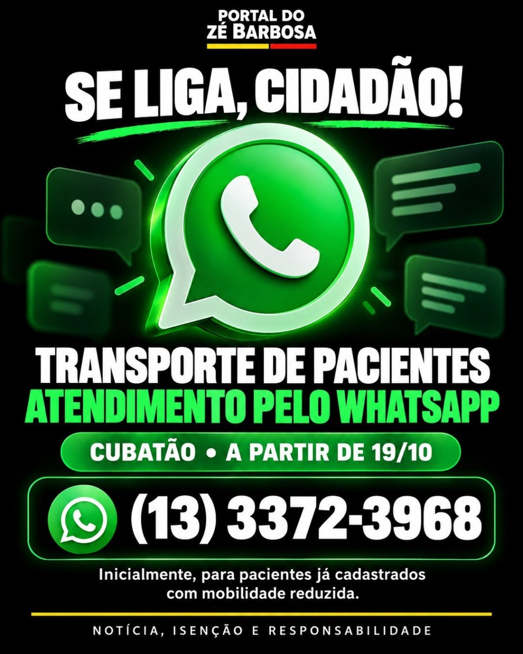 Imagem da publicação original do Portal do Zé Barbosa: Cubatão anuncia canal de WhatsApp para orientar pacientes do Serviço de Remoção