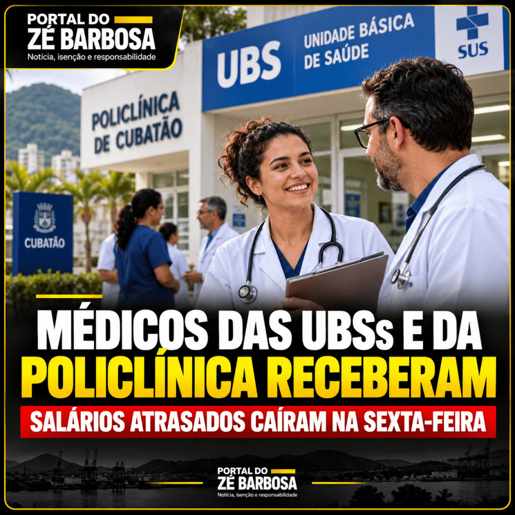Arte ilustrativa com título informando que médicos das UBSs e da Policlínica de Cubatão receberam os salários atrasados na sexta-feira.