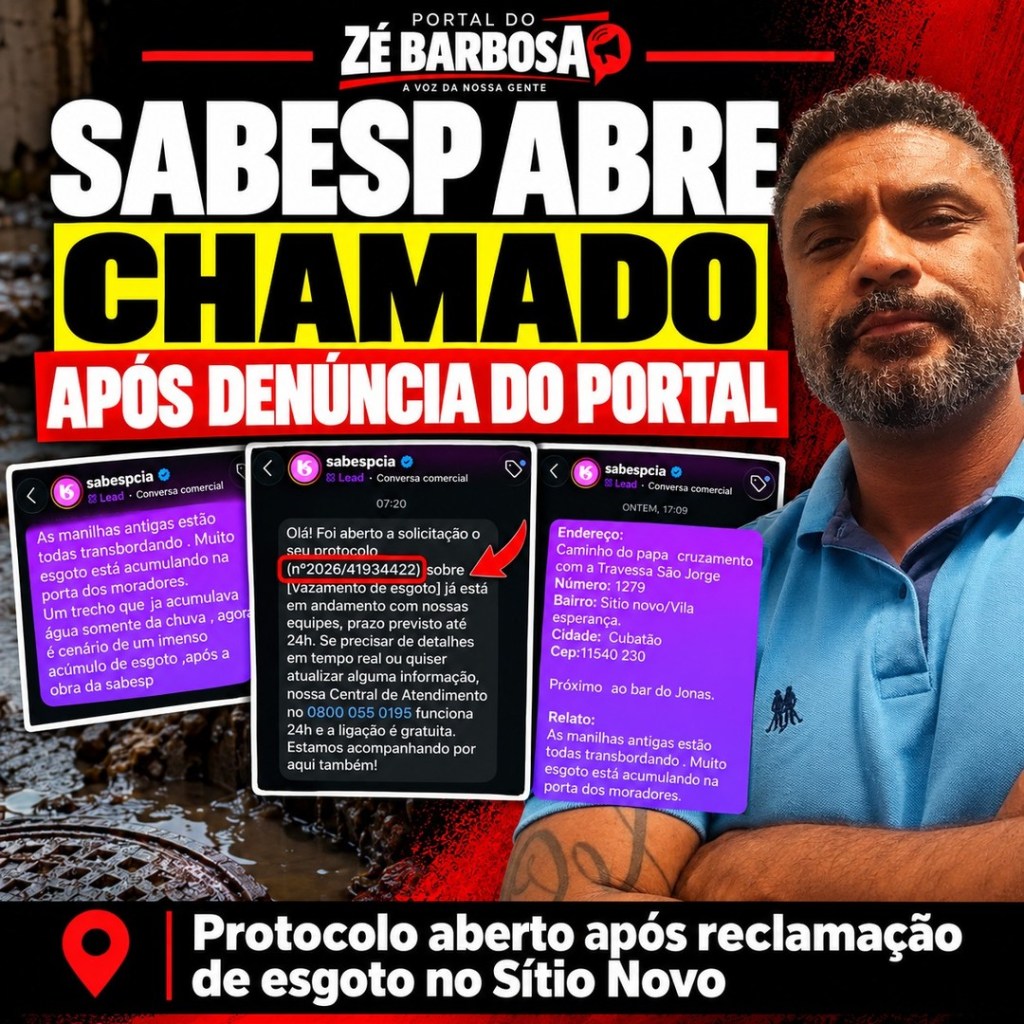 Imagem de divulgação da postagem do Portal do Zé Barbosa: Sabesp abre chamado após reclamação sobre esgoto no Sítio Novo, em Cubatão