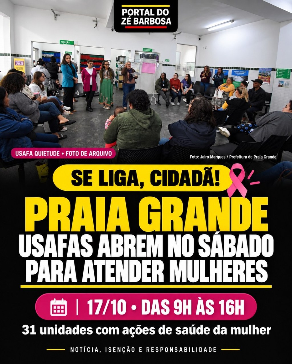 Imagem da publicação original do Portal do Zé Barbosa: Praia Grande promoveu atendimento de saúde da mulher nas 31 Usafas em 17 de outubro